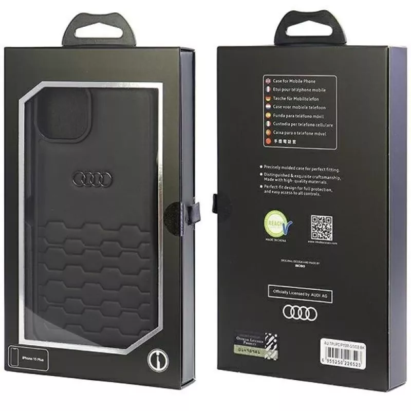 Audi GT syntetická koža tvrdé puzdro pre iPhone 15 Plus / 14 Plus 6,7 palca - čierna