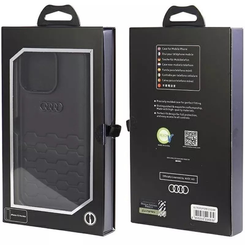 Audi GT syntetická koža tvrdé puzdro pre Apple iPhone 15 Pro Max 6,7 palca čierna