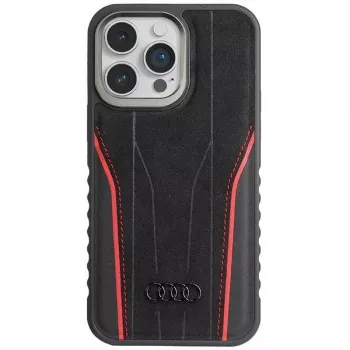 Audi pravá koža MagSafe iPhone 15 Pro Max 6,7 čierno-červené tvrdé puzdro AU-TPUPCMIP15PM-R8/D3-RD