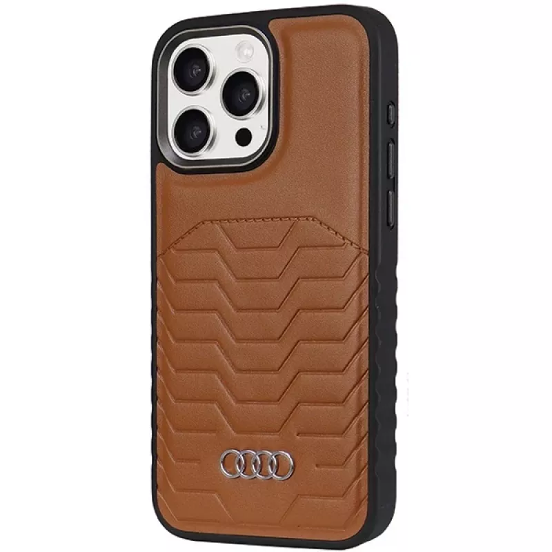Audi syntetická koža MagSafe tvrdé puzdro pre iPhone 15 Pro 6,1 palca - hnedá