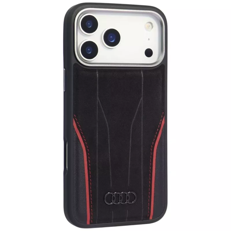 Audi R8 pravá koža MagSafe puzdro pre iPhone 15 Pro čierne s červenými akcentmi