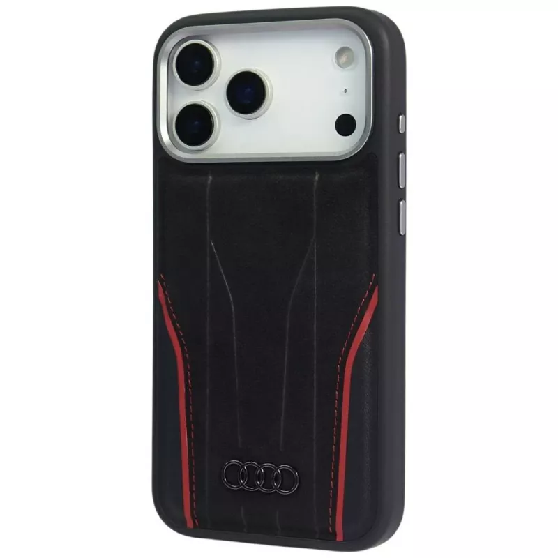 Audi R8 pravá koža MagSafe puzdro pre iPhone 15 Pro čierne s červenými akcentmi