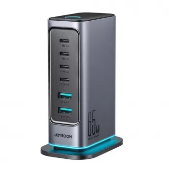 Joyroom JR-TCM02 GaN 65W multi-port nabíjačka 4x USB-C 2x USB-A EU konektor tmavosivá
