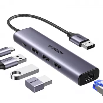 UGREEN 5-in-1 USB-A hub na 3x USB 3.0 + RJ45 + USB-C (strieborná)