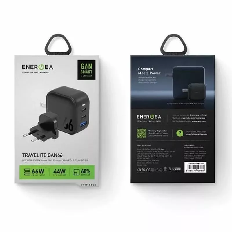 ENERGEA Travelite GAN66 66W GaN USB-C nabíjačka 2C1A čierna US+EU