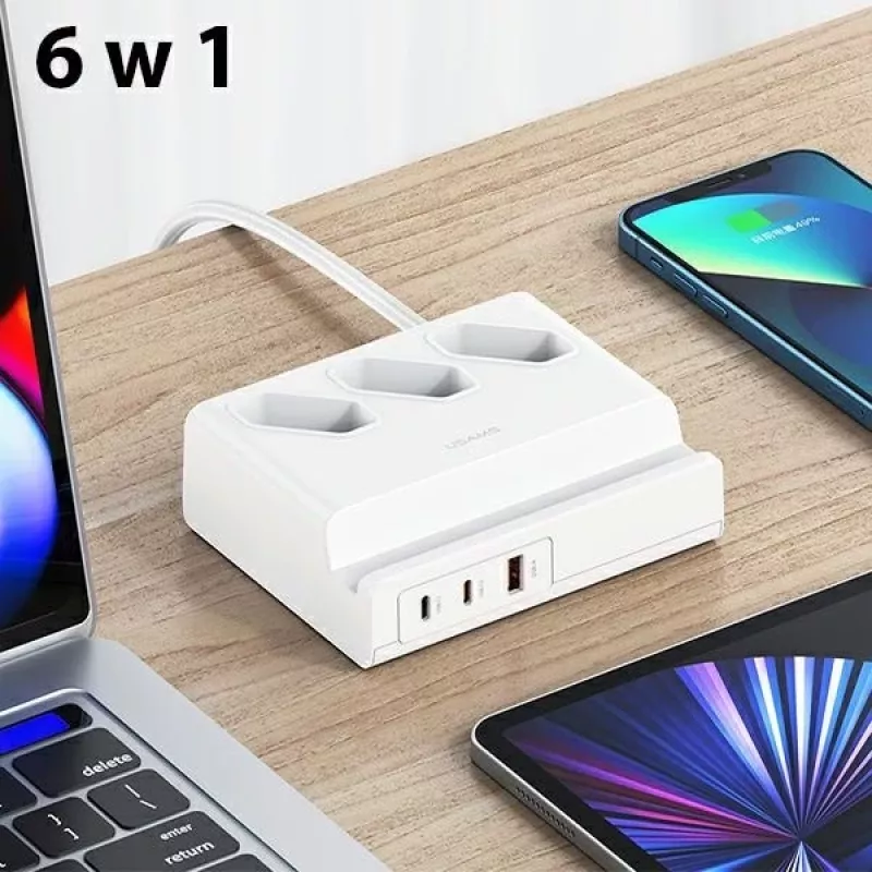 USAMS 65W Super SiFast Charging USB predlžovacia zásuvka EU biela CC160TC01 (US-CC160)
