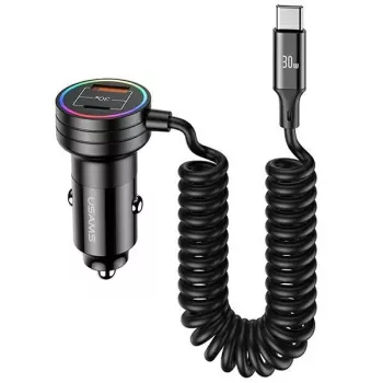 USAMS nabíjačka do auta 60W 2x USB-C 1x USB-A so špirálovým káblom rýchle nabíjanie PD QC čierna CC167CC01