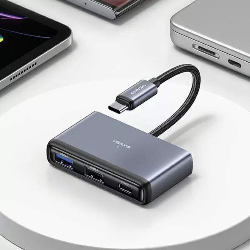USAMS 4-in-1 USB-C hub adaptér 2x USB 2.0 / USB 3.0 / USB-C tmavosivý SJ627HUB01 (US-SJ627)