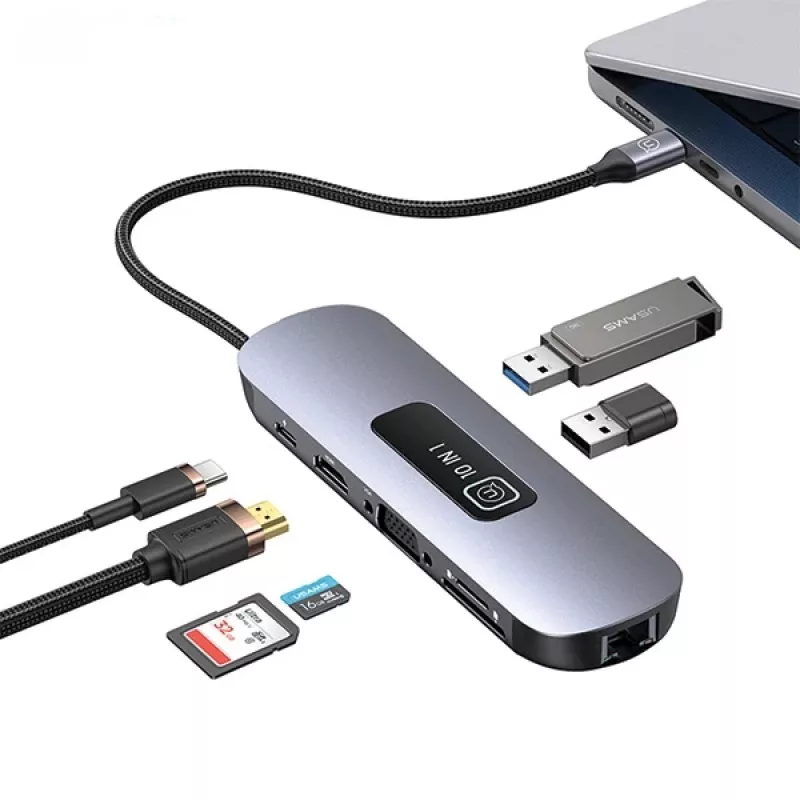 USAMS 10-in-1 USB-C hub adaptér 3x USB 3.0, SD/TF, HDMI, VGA, RJ45, PD 100W, sivý
