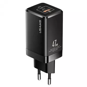 USAMS T41 GaN 47W USB-C+USB-A rýchla nabíjačka EU zástrčka čierna