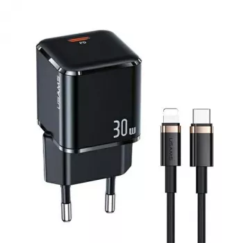 USAMS T45 30W PD3.0 USB-C rýchla nabíjačka s U63 USB-C na Lightning kábel, čierna, UXTZH01