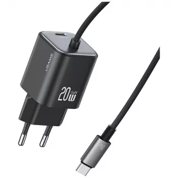 USAMS 20W GaN rýchla nabíjačka s USB-C káblom, čierna
