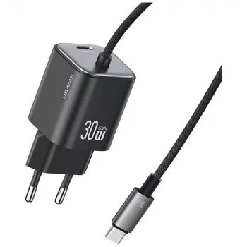 USAMS 30W GaN rýchla nabíjačka s USB-C káblom (čierna, EU zástrčka)