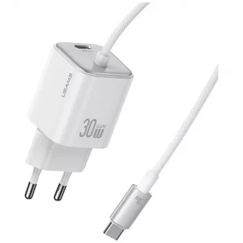 USAMS JC Series CC264 30W GaN Mini rýchlonabíjačka, USB-C s vstavaným káblom USB-C, biela