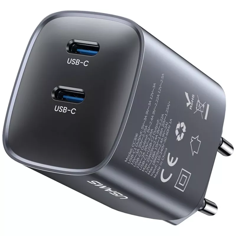 USAMS CC305 T66 45W GaN nástenná nabíjačka s 2x USB-C, tarnish