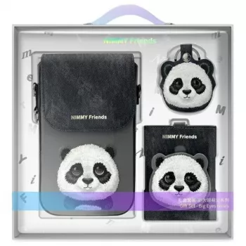 Nimmy 3-in-1 set: puzdro na telefón + peňaženka + puzdro na tracker, čierna, Big Eyed Pet 2.0 Panda