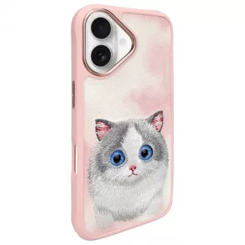 Nimmy Big Eyed Pet 2.0 Cat puzdro na zadnú stranu pre Apple iPhone 16 6,1 palca - ružová