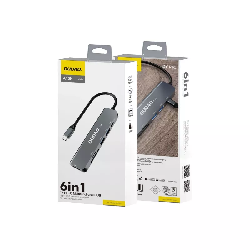 DUDAO A15H 6-in-1 USB-C dokovacia stanica s HDMI, USB 3.0, USB 2.0, SD/TF čítačka kariet, PD 100W - Space Gray