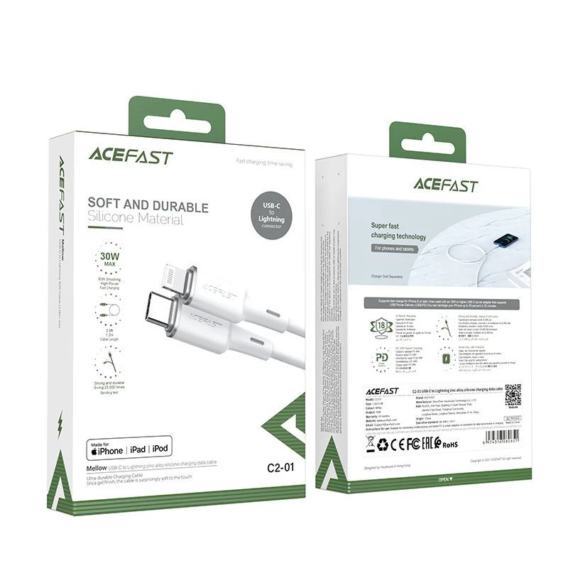 ACEFAST MFI USB-C na Lightning kábel 1,2m, 30W, 3A, čierny (C2-01)