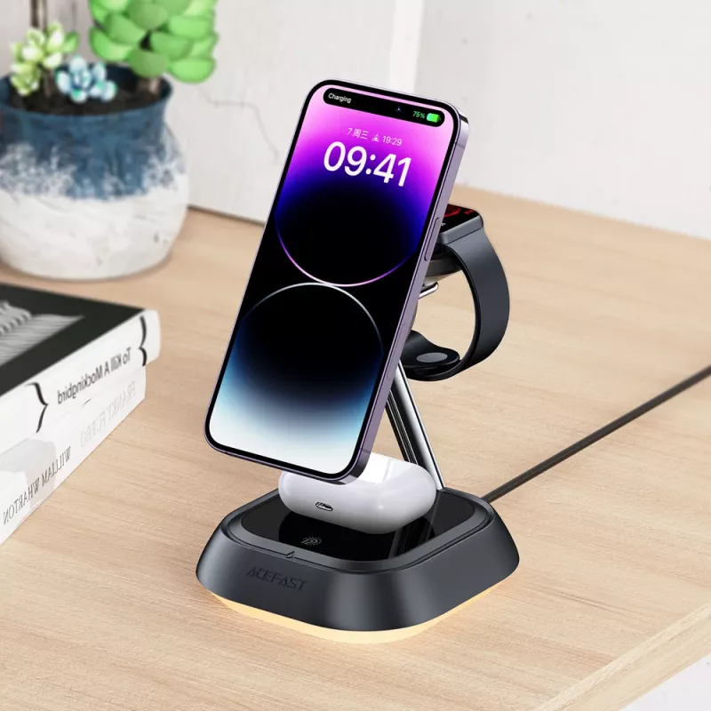 ACEFAST E16 3-in-1 bezdrôtová nabíjacia stanica 15W pre telefón / slúchadlá / hodinky - čierna