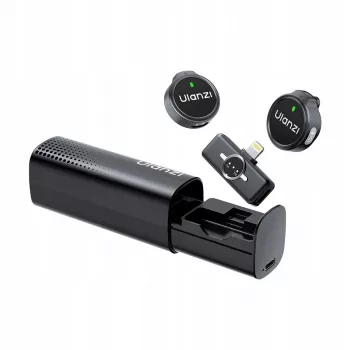 ULANZI A21 dual bezdrôtový lavalier mikrofón pre iPhone Lightning, dosah 100m, nabíjacie puzdro