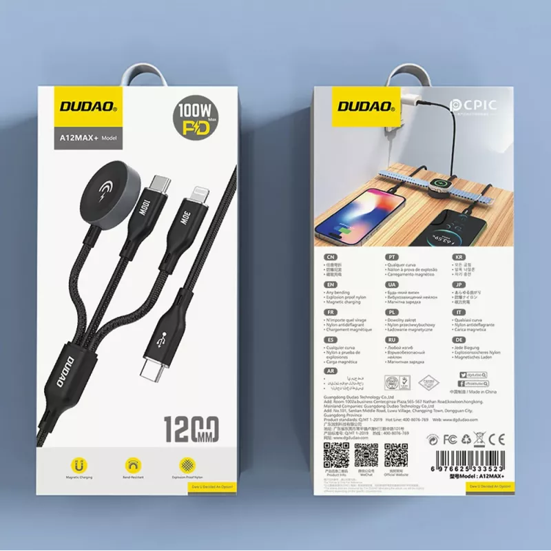 Dudao A12Max+ 3-in-1 multi-nabíjací kábel USB-C na Lightning + USB-C + Apple Watch, 100W PD, 1,2m, čierny