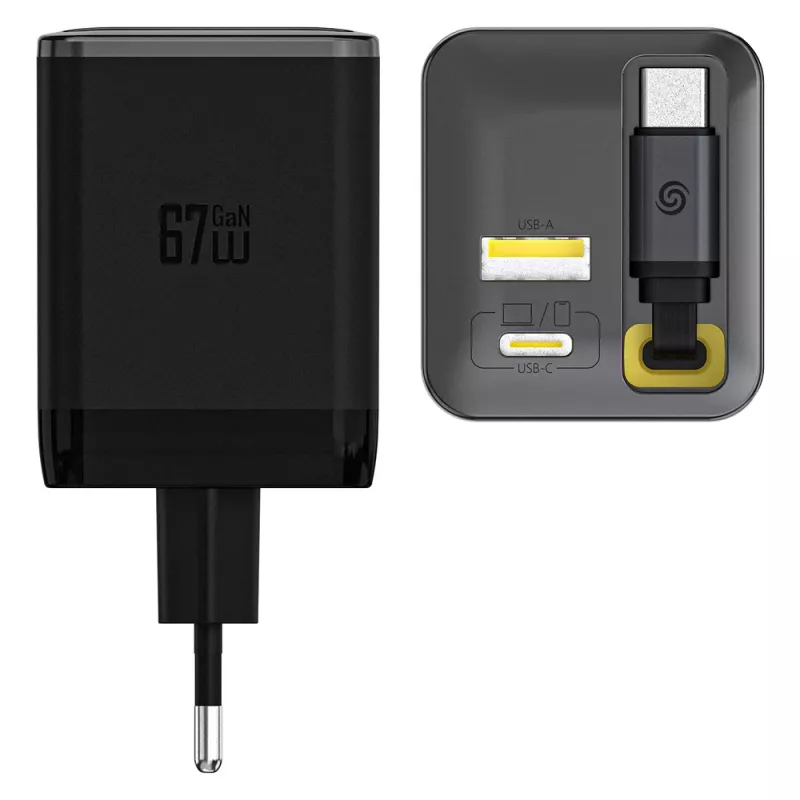 Dudao A67EU GaN 67W nabíjačka s integrovaným výsuvným USB-C káblom, Power Delivery Quick Charge - čierna