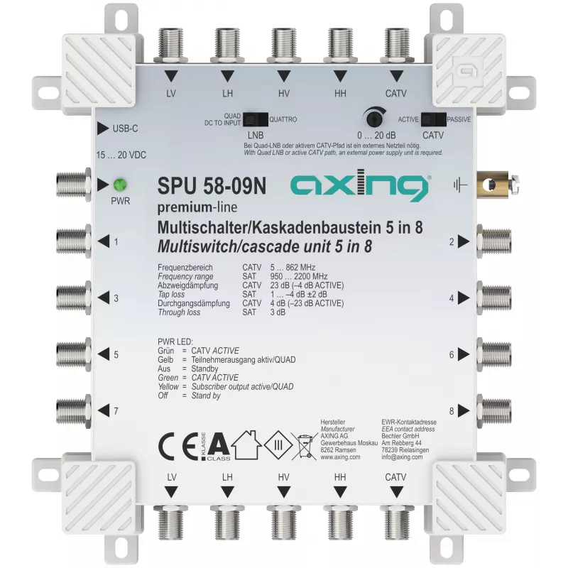 Aktívny multiswitch AXING SPU 58-09N 5-in-8, so spätným kanálom
