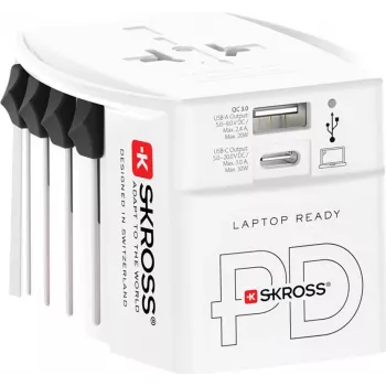 SKROSS MUV USB AC30PD svetový cestovný adaptér s USB nabíjačkou, biela