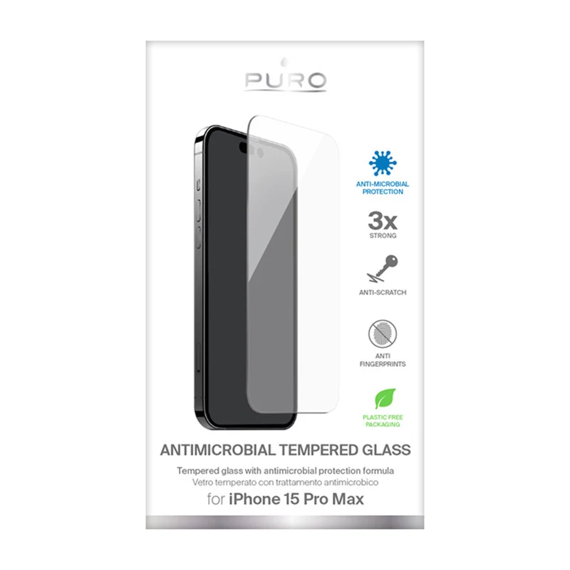PURO antibakteriálna ochrana displeja z tvrdeného skla pre Apple iPhone 15 Pro Max