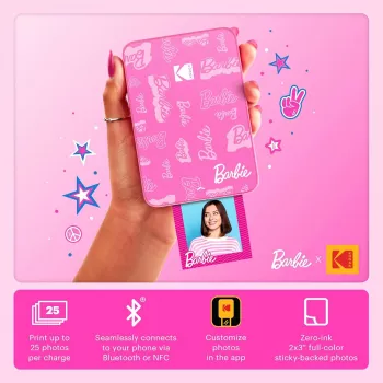 KODAK Step Slim Barbie instantná fototlačiareň - Bluetooth 5.0, ZINK Zero Ink technológia, výtlačky 2x3 palca, Barbie ružová