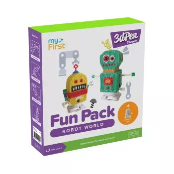 myFirst 3dPen Make Filaments Fun Pack Robot World - kreatívna sada s 5 predlohami, 17 PCL filamentmi (34 m), pull-back auto modul, termoplastová fólia