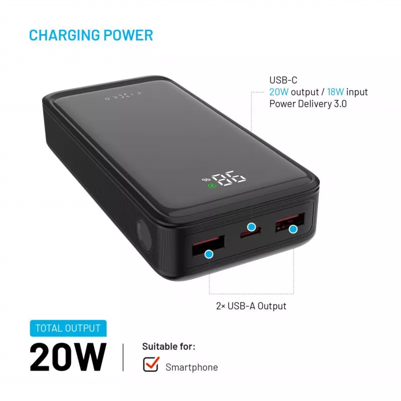Fixed Zen2 20 Powerbanka, 20000 mAh, PD 20 W, LCD displej, čierna