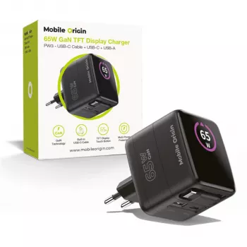 Mobile Origin 65W GaN nabíjačka PW3 USB-C vyťahovací kábel 65cm + USB-A čierna