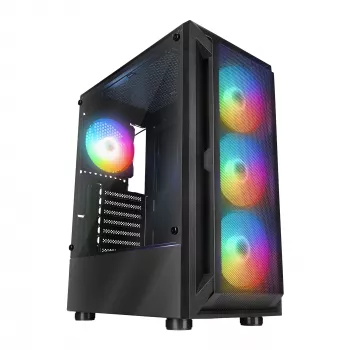 Rampage SHIVA Mid Tower PC skriňa s bočným oknom z tvrdeného skla a 4x 120mm Rainbow RGB ventilátormi, čierna