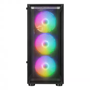 Rampage SHIVA Mid Tower PC skriňa s bočným oknom z tvrdeného skla a 4x 120mm Rainbow RGB ventilátormi, čierna