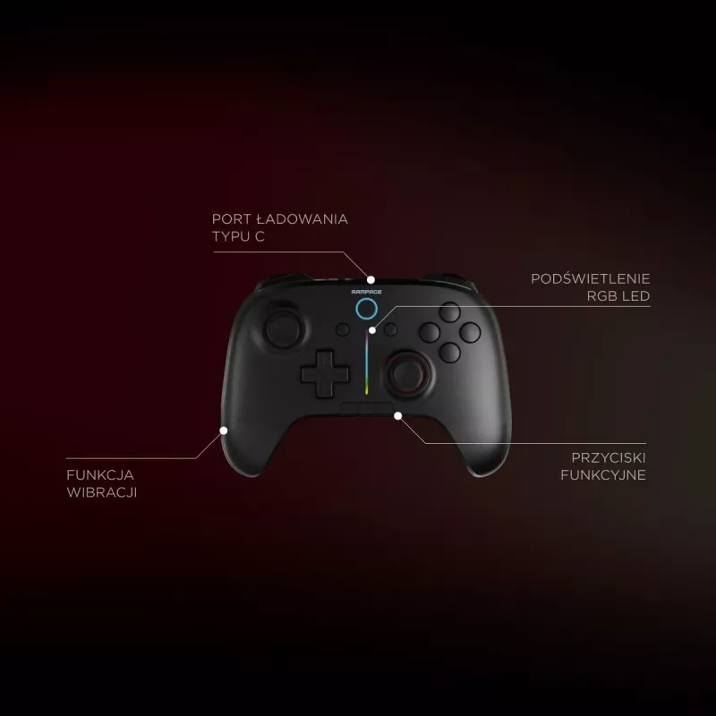 Rampage Hydra Pro Pad Wireless RGB 2.4G Hall Effect ovládač s magnetickými spúšťami, čierny