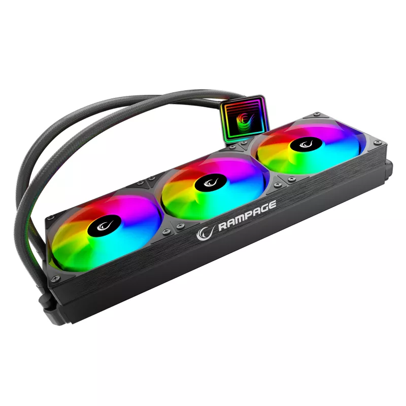 Rampage INFINITE V360 AIO kvapalinový CPU chladič 360mm ARGB, digitálny displej teploty, čierny