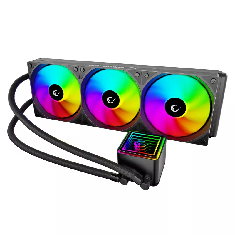 Rampage INFINITE V360 AIO kvapalinový CPU chladič 360mm ARGB, digitálny displej teploty, čierny