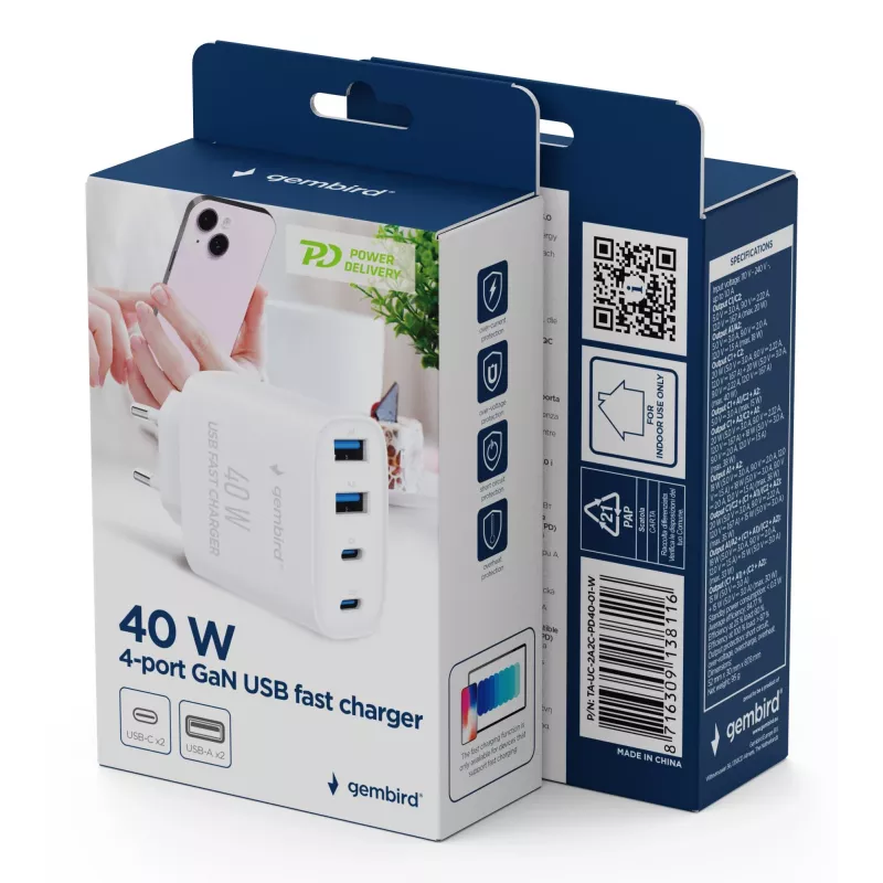 GEMBIRD TA-UC-2A2C-PD40-01-W GaN USB PD 4-portová nabíjačka, 40 W, biela