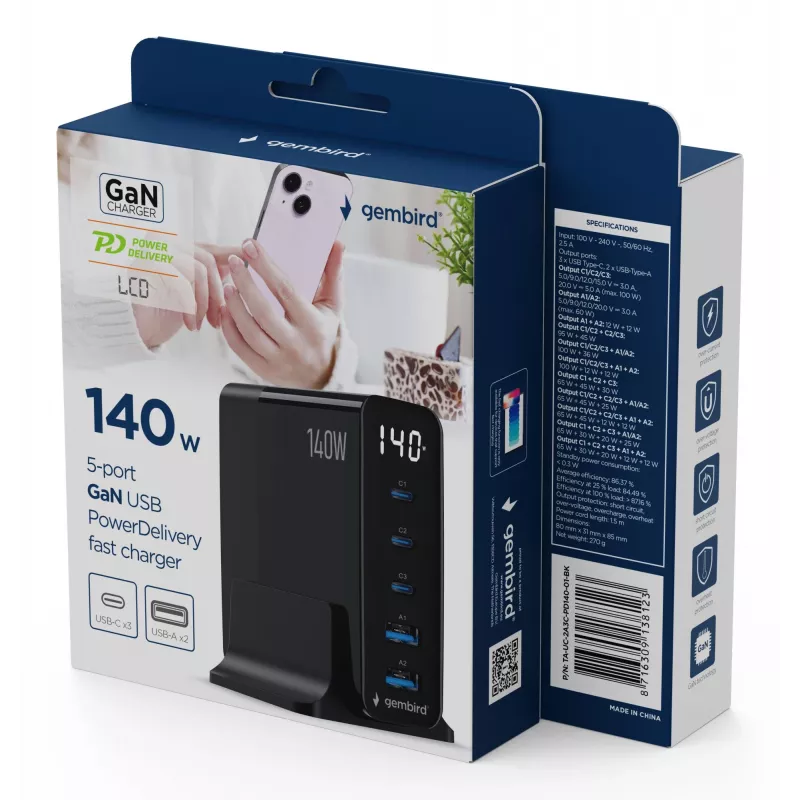 GEMBIRD TA-UC-2A3C-PD140-01-BK GaN 5-portová rýchlonabíjačka USB-C & USB-A, 140 W, čierna