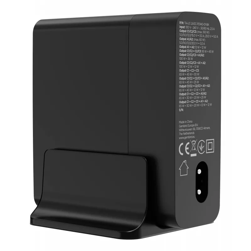 GEMBIRD TA-UC-2A3C-PD140-01-BK GaN 5-portová rýchlonabíjačka USB-C & USB-A, 140 W, čierna