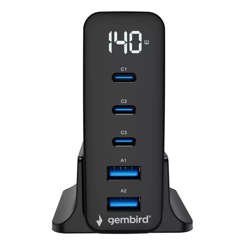 GEMBIRD TA-UC-2A3C-PD140-01-BK GaN 5-portová rýchlonabíjačka USB-C & USB-A, 140 W, čierna