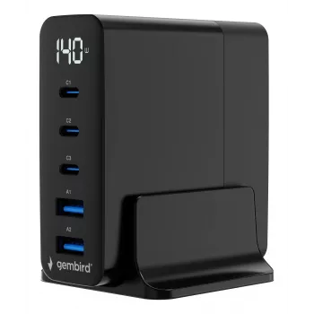 GEMBIRD TA-UC-2A3C-PD140-01-BK GaN 5-portová USB-C & USB-A rýchlonabíjačka, 140 W, čierna