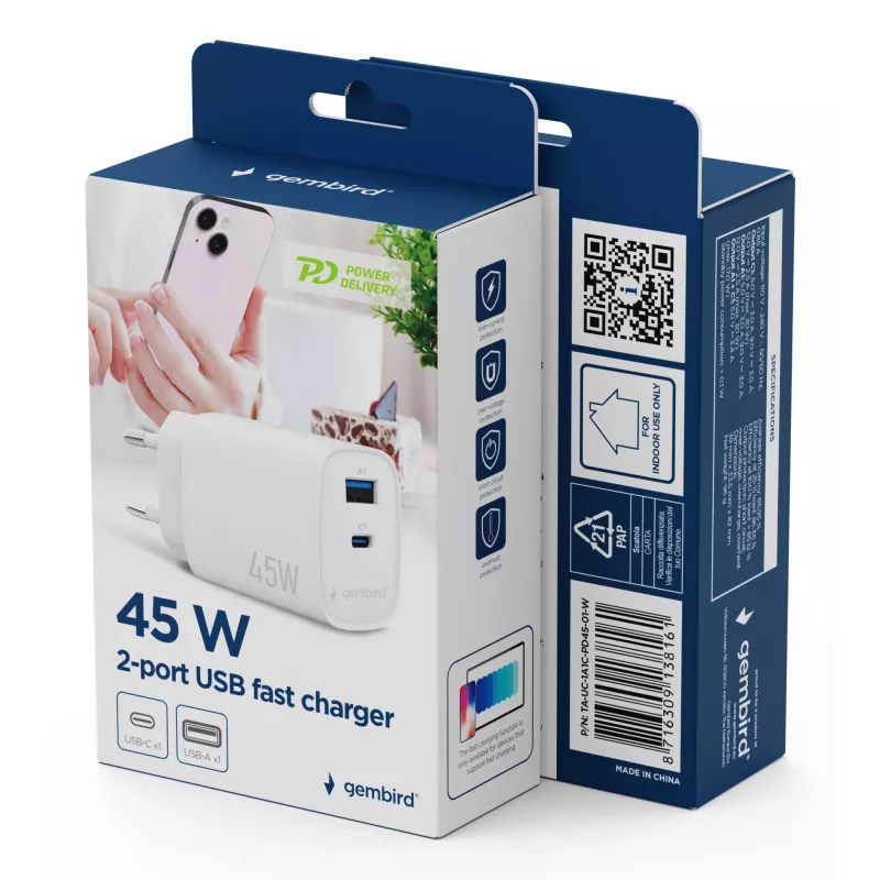 Gembird TA-UC-1A1C-PD45-01-W 45W USB-C PD napájací zdroj biely