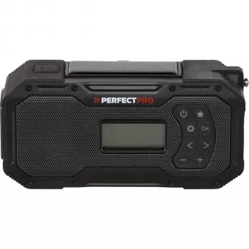 PerfectPro E-100 núdzové rádio so solárnym panelom, ručnou kľukou, LED baterkou, powerbankou, AM/FM, IPX3
