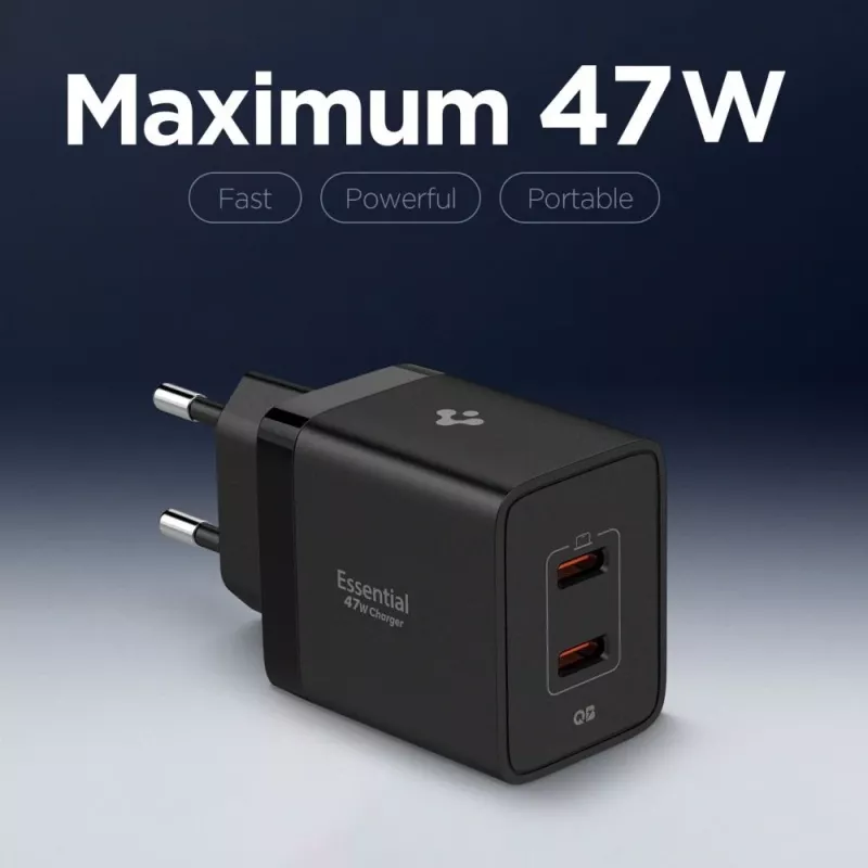SPIGEN ESSENTIAL EE472EU 2-portový sieťový nabíjací adaptér 47W čierny