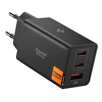 Spigen Essential EE673EU 67W GaN 3-portový USB-C/USB-A nástenný nabíjací adaptér čierny