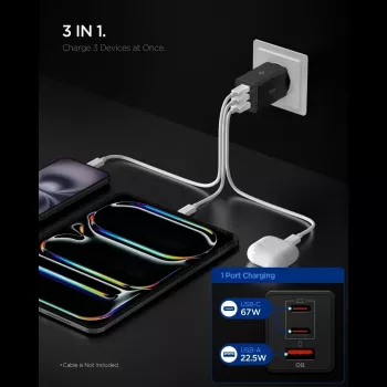 Spigen Essential EE673EU 67W GaN 3-portový USB-C/USB-A nástenný nabíjací adaptér čierny