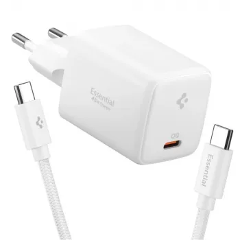 SPIGEN EE451EU Essential 1-portový sieťový nabíjací adaptér 45W + USB-C kábel biely